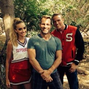 Brianne Howey, Anthony Meindl, and Anthony Meindl on set of SuperNovas (2015)
