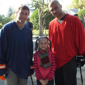 On set of ATB Bank Commercial with Jordan Eberle Edmonton Oilers and Mark Giordano Calgary Flames