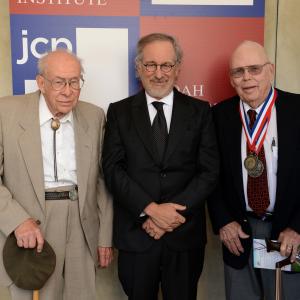 World War II veteran Arthur Langhorst Shoah Foundation Founder Steven Spielberg and World War II veteran James Sanders