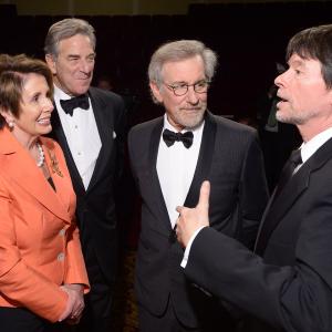 Minority Leader of the US House of Representatives Nancy Pelosi Paul Pelosi filmmaker and honoree Steven Spielberg and Foundation for the National Archives Board Vice President and Gala Chair Ken Burns view two facsimile versions of the 13th Amendment at the Foundation for the National Archives 2013 Records of Achievement award ceremony and gala in honor of Steven Spielberg on November 19 2013 in Washington DC
