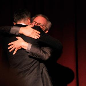 Daniel Day-Lewis and director Steven Spielberg share a hug onstage at the 2012 New York Film Critics Circle Awards at Crimson on January 7, 2013 in New York City.