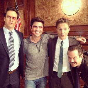 as guest star Tony Ventriss with Mark Paul Gosselaar Breckin Meyer and Thomas Lennon on the set of Franklin  Bash
