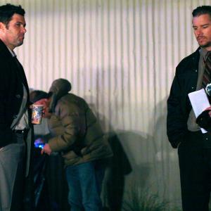 'Carlos Bernard'(qv) and Josh Cowdery on the set of 'The Blue Wall'(qv)