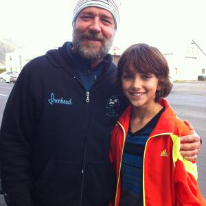 Gavin Casalegno and Russell Crowe during the filming of Noah