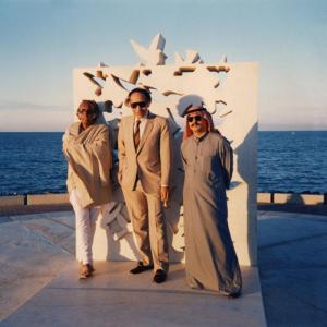 The award winning Indian filmmaker Mrinal Sen was Farouqs guest on the CineClub show Seen here with Kuwait Cine Clubs Sadiq Ashkenani at Kuwaits sea front in 1988