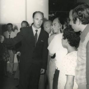 Farouq (seen on right) attending the opening of the Czeck artist V. Chalkovsky's exhibition whom he later interviewd for the daily 'Al Massa' in 1974
