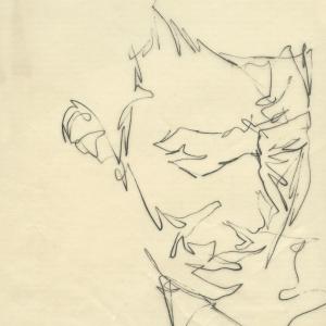 A portrait of Farouq by artist A. Ghanim used as one element in the cover design of the 'Love in Exile' presentation in 1997