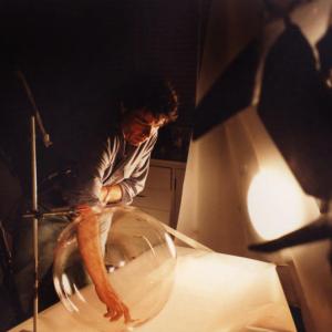 Michael examining a glass ball for a KFM documentary in 1994