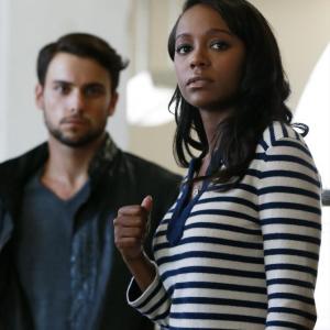 Still of Aja Naomi King and Jack Falahee in How to Get Away with Murder 2014