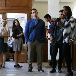 Still of Alfred Enoch Karla Souza Charlie Weber Liza Weil Matt McGorry and Jack Falahee in How to Get Away with Murder 2014