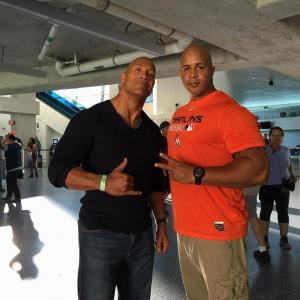 THE ROCK AND OQUENDO on the set of the HBO Tv Series BALLERS