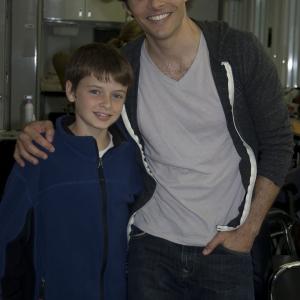 Coleton (Young Fred) with James Marsden (Fred) at the filming of HOP.