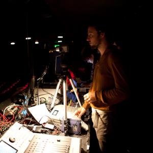 Luke Corradine during sound check at Bloomsbury Theatre, London