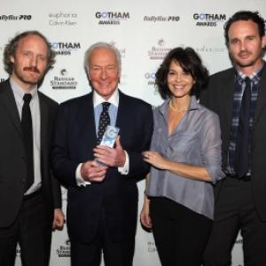 Mike Mills, Christopher Plummer, Mary Page Keller, and Kai Lennox backstage following the presentation of Best Ensemble to 