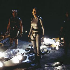 Center Angelina Jolie as Lara Croft with Daniel Caltagirone as Nicholas Petraki and Fabiano Martell as Jimmy Petraki