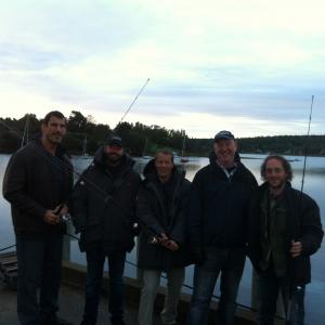 Hanging out on the dock in between takes on Haven Robert Maillet Heavy Shawn Piller Director  Executive Producer Colin Ferguson William Matt McGuinness Writer  Executive Producer and Kyle Mitchell Sinister Man Haven 2013 Episode 413