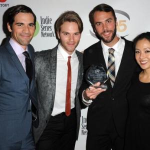Matthew McKelligon Van Hansis John Halbach and Constance Wu Winners of the Best Ensemble Drama award at the Indie Series Awards