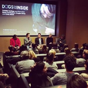 Brean Cunningham speaking after the premiere of Dogs on the Inside at the CORE club in NYC with head of BOND360 Marc Schiller Executive Producer Cindy Meehl CoDirector Doug Seirup and Candido Santiago