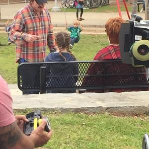 Director Ben Falcone with Melissa McCarthy and Ella Anderson on set of feature film 