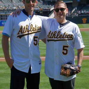 Casey Bond and Jonah Hill First Pitch in Oakland, CA