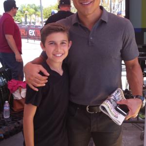 Austin Chase with Mario Lopez at Extra TV Both voice characters on Dive Olly Dive and the Pirate Treasure