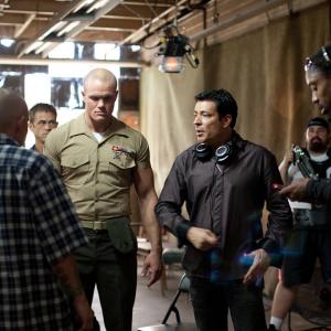 WriterDirector Daniel R Chavez discusses scene blocking with lead actors Cesar A Garcia and Jess Allen on set of Broken Glass