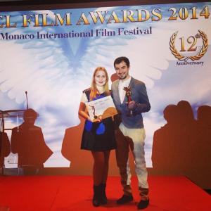 Actor Nikolas Grasso and Director Mariana Preda getting the Independent Spirit Award for the short film Life at the Monaco International Film Festival 2014