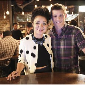 Behind the scenes shot of Timothy Granaderos and Aisha Dee on the set of Chasing Life 2015