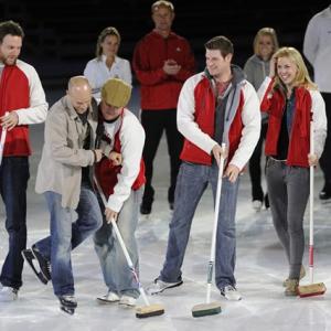 Brendan Gall Joel Keller William Vaughan Siobhan Murphy and Anand Rajaram of CBCs Men With Brooms tangle with Kurt Browning of CBCs Battle of the Blades