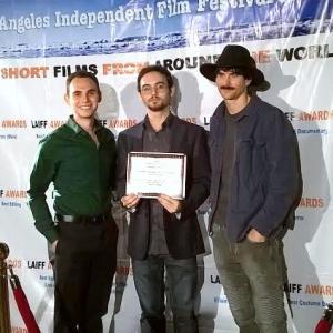 Max Landwirth Ansel Faraj and Eric Gorlow  accepting Best Ensemble Cast for THE LAST CASE OF AUGUST T HARRISON at the August 2015 Los Angeles Independent Film Festival Awards