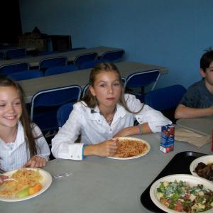 Zachary Gordon who stars as Greg and Samantha Page who stars as Shelley. Both stars in feature film Diary of a Wimpy Kid sharing lunch togeather while taking a break on set.