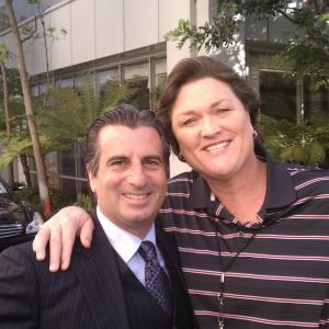 Dot Jones who plays Coach Bieste with Lou Volpini on the set of Glee