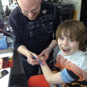 Griffin Kane getting his special effects make-up behind-the-scenes of One Christmas Eve, 2014.