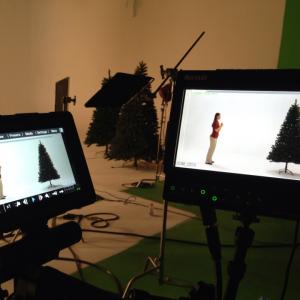 On set of fake Christmas tree commercial