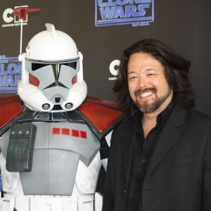 Artt Butler voice of Captain Ackbar with a Clone Trooper at the Season 4 Premiere of Star Wars The Clone Wars