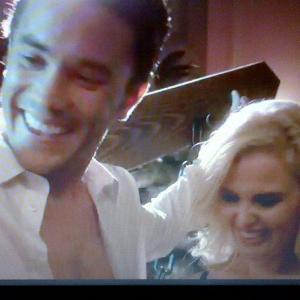 laughing on the set of Excuse Me For Living with Dawn Sobolewski as Daisy and Tom Pelphrey as Dan Toppler