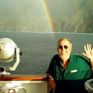 Hard at work on Cruise ship as port lecturer  Rainbow off Hawaii