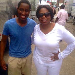 Montrel Miller and Oprah on the set of Selma