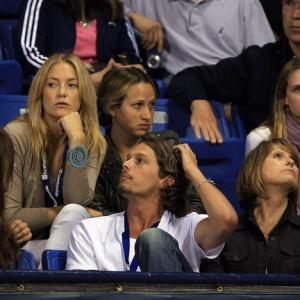 Kate Hudson L Andrew Gray McDonnell C and Sara Foster R watch Fosters boyfriend Tommy Haas of Germany take on Donald Young during the Countrywide Classic Day 2 at Los Angeles Tennis Center  UCLA August 5 2008 in Los Angeles Calif