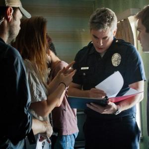 Lauren Hoekstra (Director), Vince Jolivette (Cop, Executive Producer), Tyler Neitzel (Harry), Doug Turner (AD) on the set of City Bus.