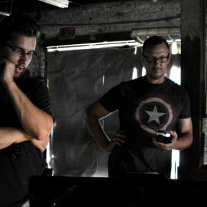 Director Justin Rossbacher (left) observes video village with DP Marc Hutchins (right) on the set of Finding Faith.