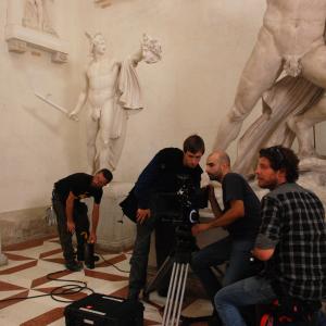 Director Giulio Laroni and director of photography Lorenzo Pezzano during the shooting of Io Canova