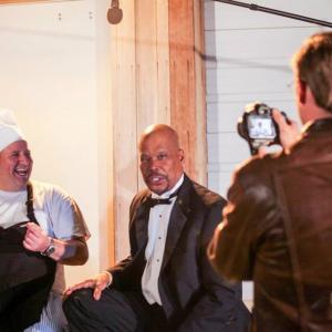 Actor JOE JAFO CARRIERE as Terrance The Chef with Chace Carson as DJ Stan and AD/Producer Mike Calvin for DJ STAN DA MAN on Set Location South Shore MA