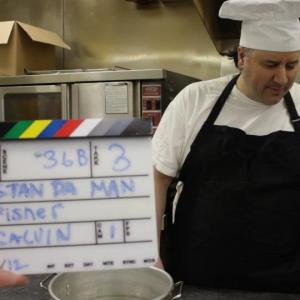 Actor Joe Jafo Carriere on set for the Feature Film DJ STAN DA MAN (2014) as Terrance The Chef