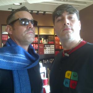 Nicholas Brendon and Thomas Gofton ordering espresso at Starbucks