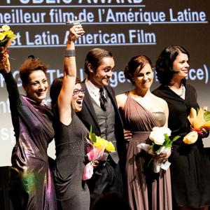 Alec Whaite, Carme Elias, Claudia Pinto, Malena Gonzalez and Claudia Lepage winning Best Latin American Film of the year for The Longest Distance at The 37th Annual Montreal World Film Festival
