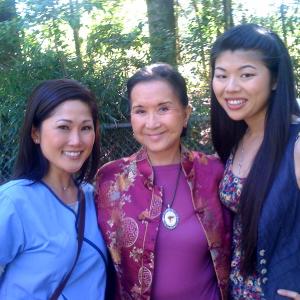 Cathy Shim, Lucille Soong, and Olivia Ku on set of Heebie Jeebies