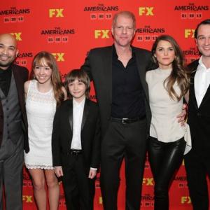 LR Actors Maximiliano Hernandez Holly Taylor Keidrich Sellati Noah Emmerich Keri Russell and Matthew Rhys attend FXs The Americans Season One New York Premiere at DGA Theater on January 26 20