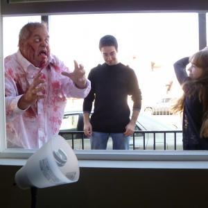Holly practicing stuntwork with Adam Ruben and Mark Wells on set of Love  Zombies