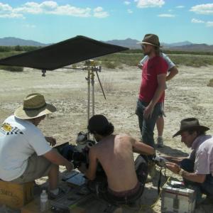 Mojave Desert filming FOUR WINDS, pictured: Mario Contini DP, Evan Wilhelm 1st AC, Kelvin Crumplin Producer